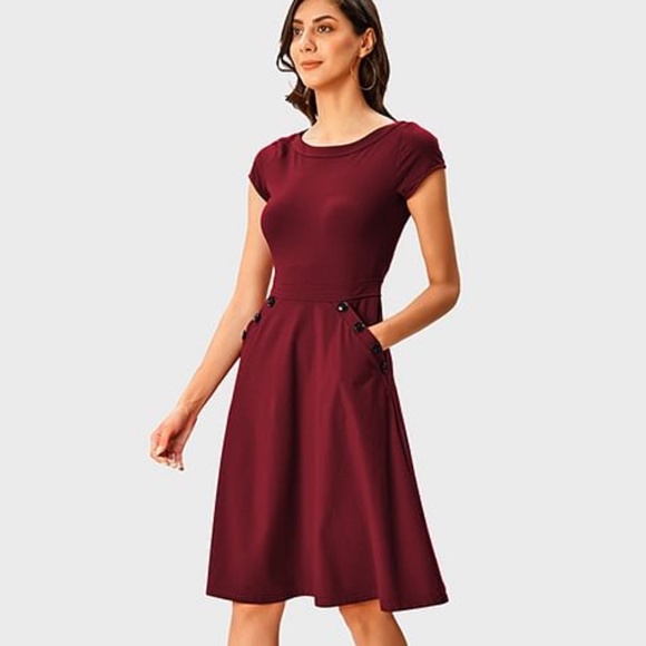 eShakti Red Midi Dress with Elegant Flair - Picture 1 of 6